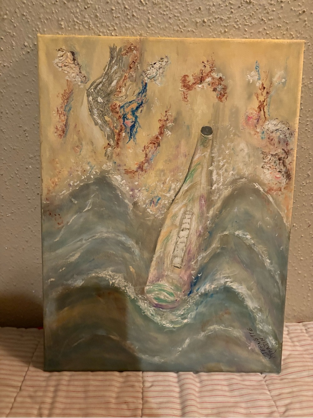 Original Oil Painting of an Abstract Bottle & Waves - Multicolor